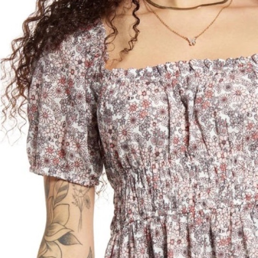 BP. Free People-like flowy Shirred Puff Sleeve Prairie Dress Ivory floral fall